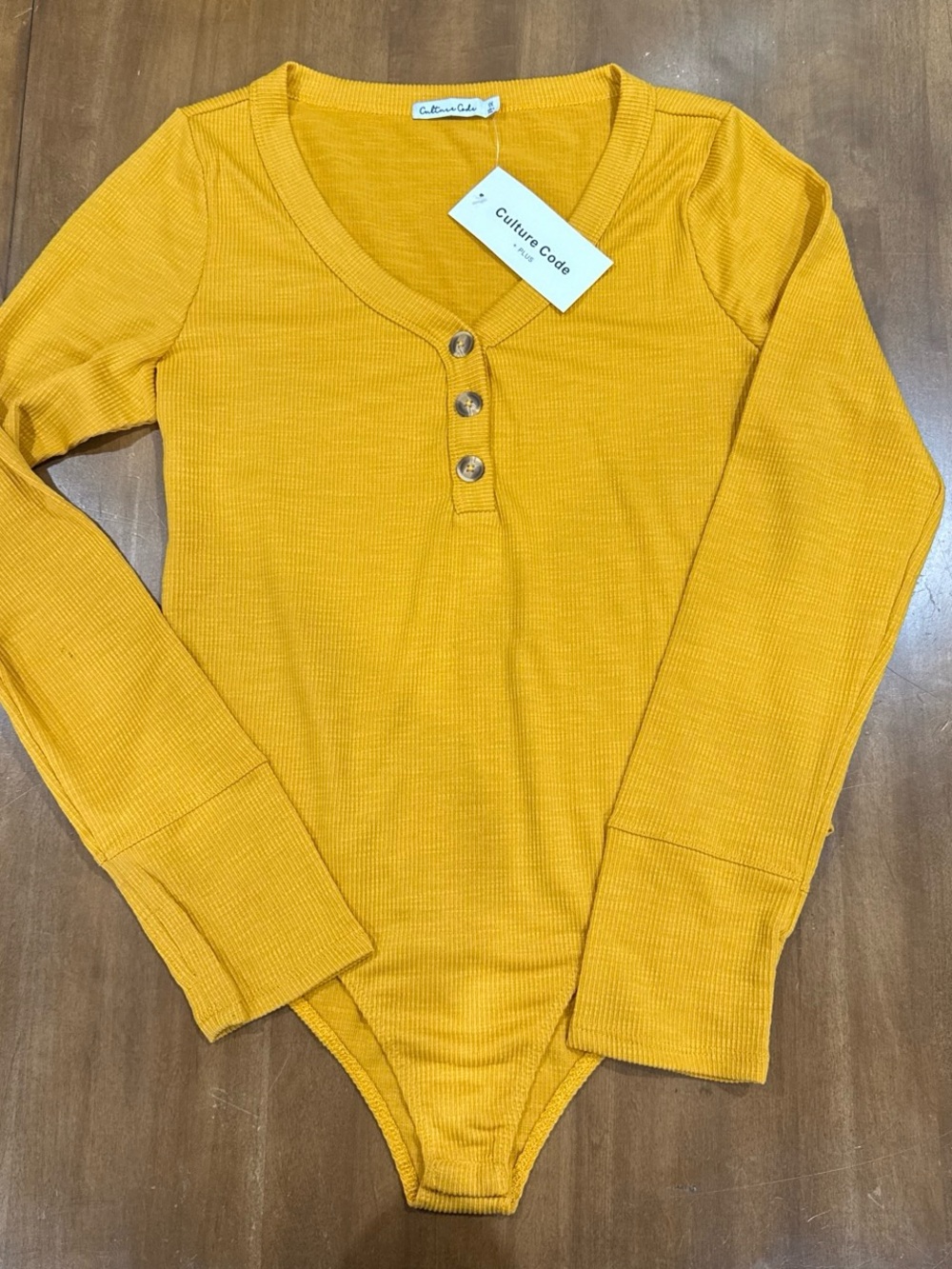 Mustard Ribbed Henley Bodysuit - Long Sleeve